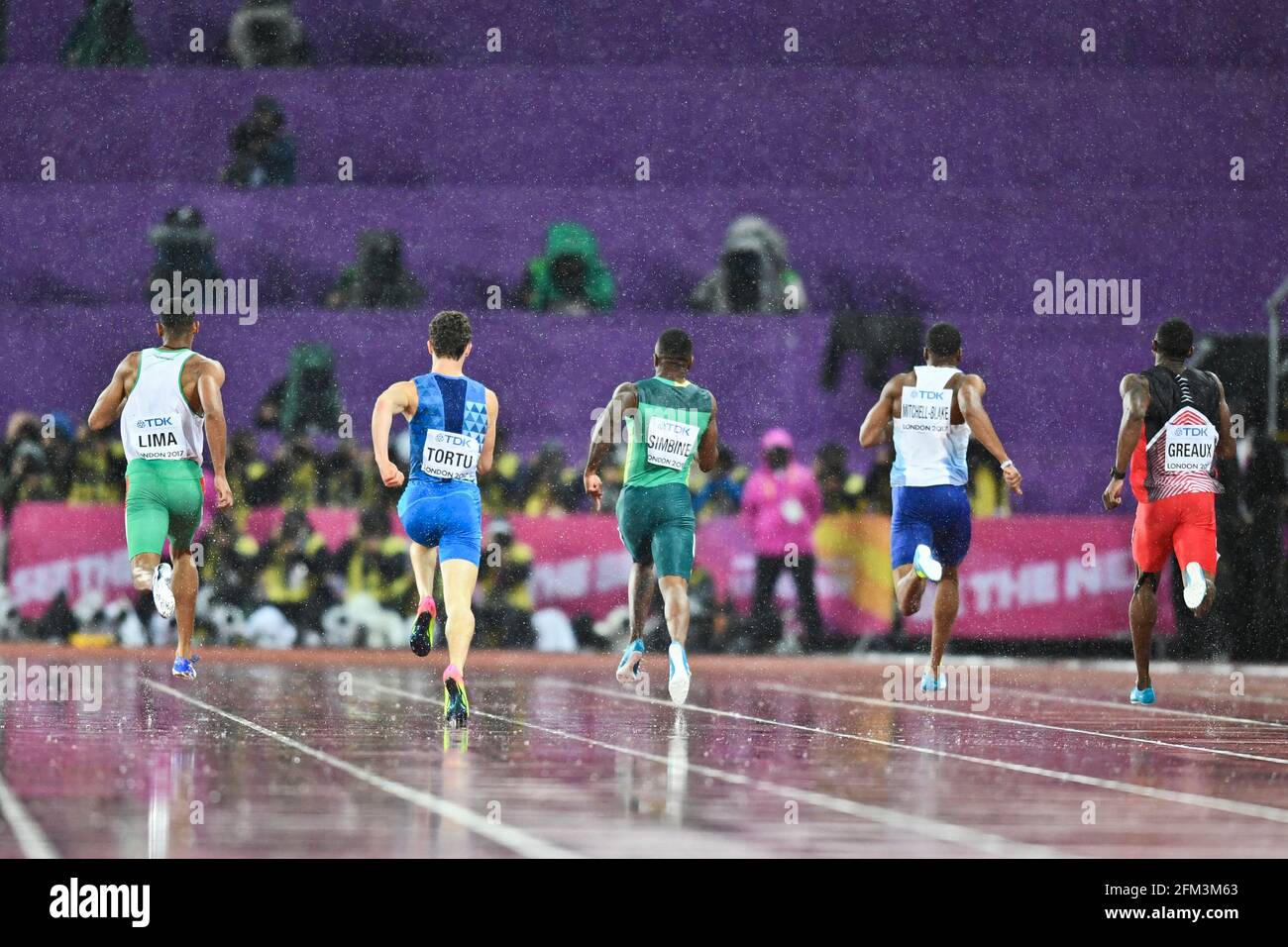 David Lima (POR), Filippo Tortu (ITA), Akani Simbine (RSA), Nethaneel Mitchell-Blake. 200 Meter Männer, Halbfinale. IAAF World Championships London 2017 Stockfoto