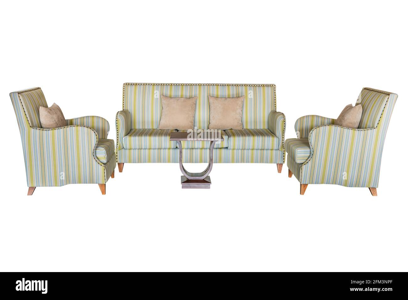 Set von Luxus-Sofa mit Kissen isoliert auf weißem Hintergrund, mit Clipping-Pfad. Stockfoto