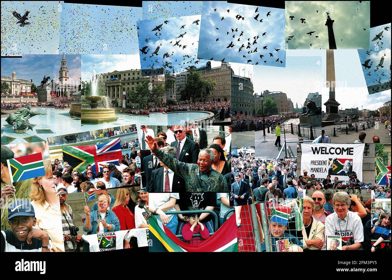 Präsident Nelson Mandela winkt der Menge zu, bevor er ein Rede vom Balkon des südafrikanischen Hauses in Trafalgar Quadratisch Stockfoto