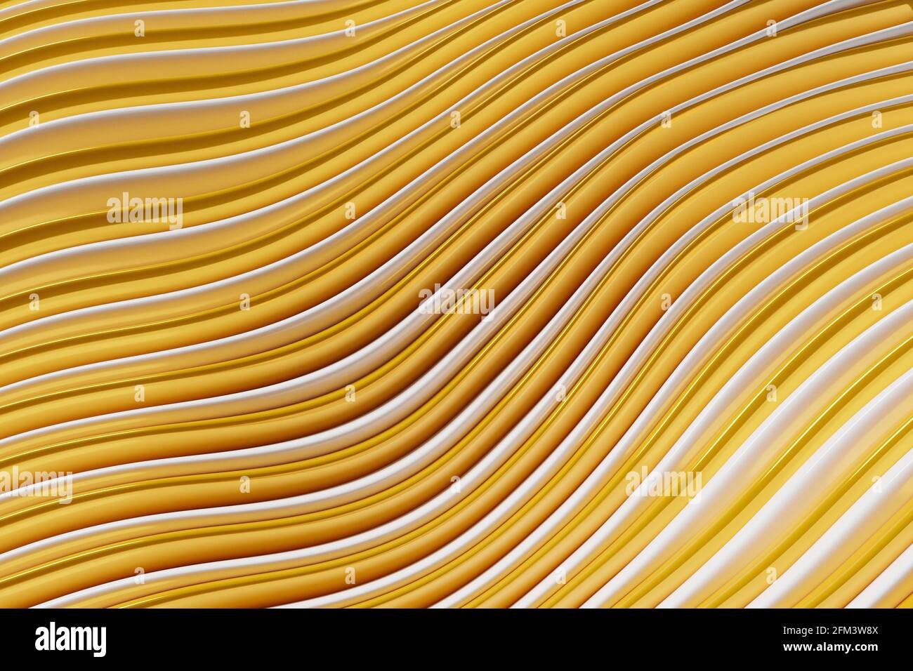 3d-Darstellung von gelb leuchtenden Farblinien. Equalizer für musikalische Linien. Hintergrund der Technologiegeometrie. Stockfoto