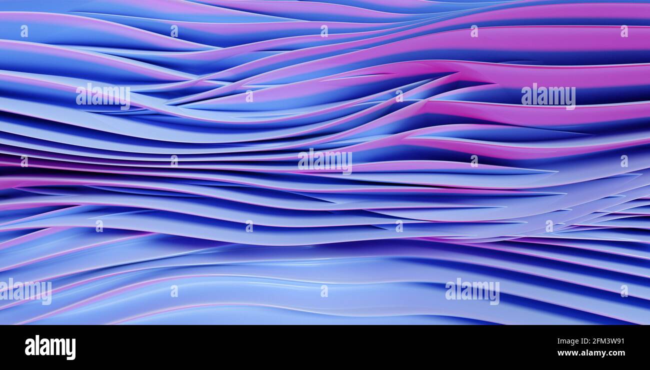 3d-Darstellung von violett leuchtenden Farblinien. Equalizer für musikalische Linien. Hintergrund der Technologiegeometrie. Stockfoto