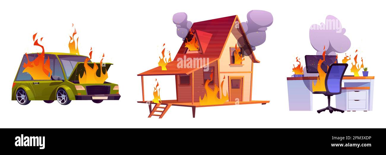 Haus auf Feuer, brennendes Auto und Computer auf dem Tisch. Objekte mit Flammen und schwarzen Rauchwolken isoliert auf weißem Hintergrund. Konzept von Katastrophe, Unfall, Gefahr. Vektorgrafik Zeichentrickserie Stock Vektor