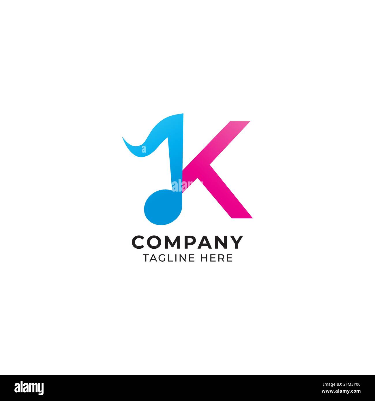 Farbenfroher Buchstabe K Alphabet Musik Logo Design isoliert auf weißem Hintergrund. Initial und Musical Note Logo Konzept. Rosa Magenta, Blau Thema Stock Vektor
