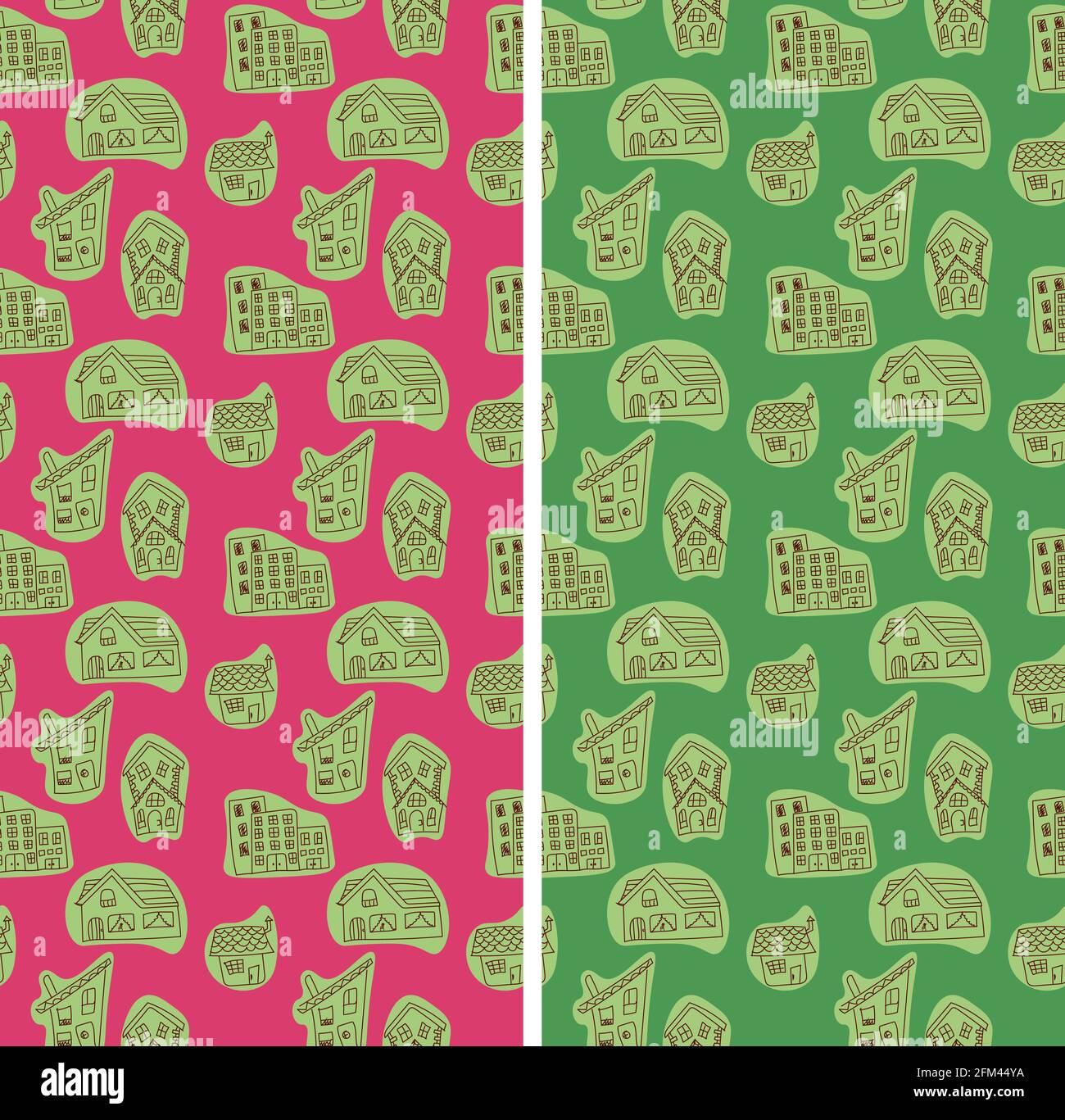 Satz von nahtlosen Mustern mit Cartoon-Häuser in Umriss gezeichnet Style an den Spots Stock Vektor