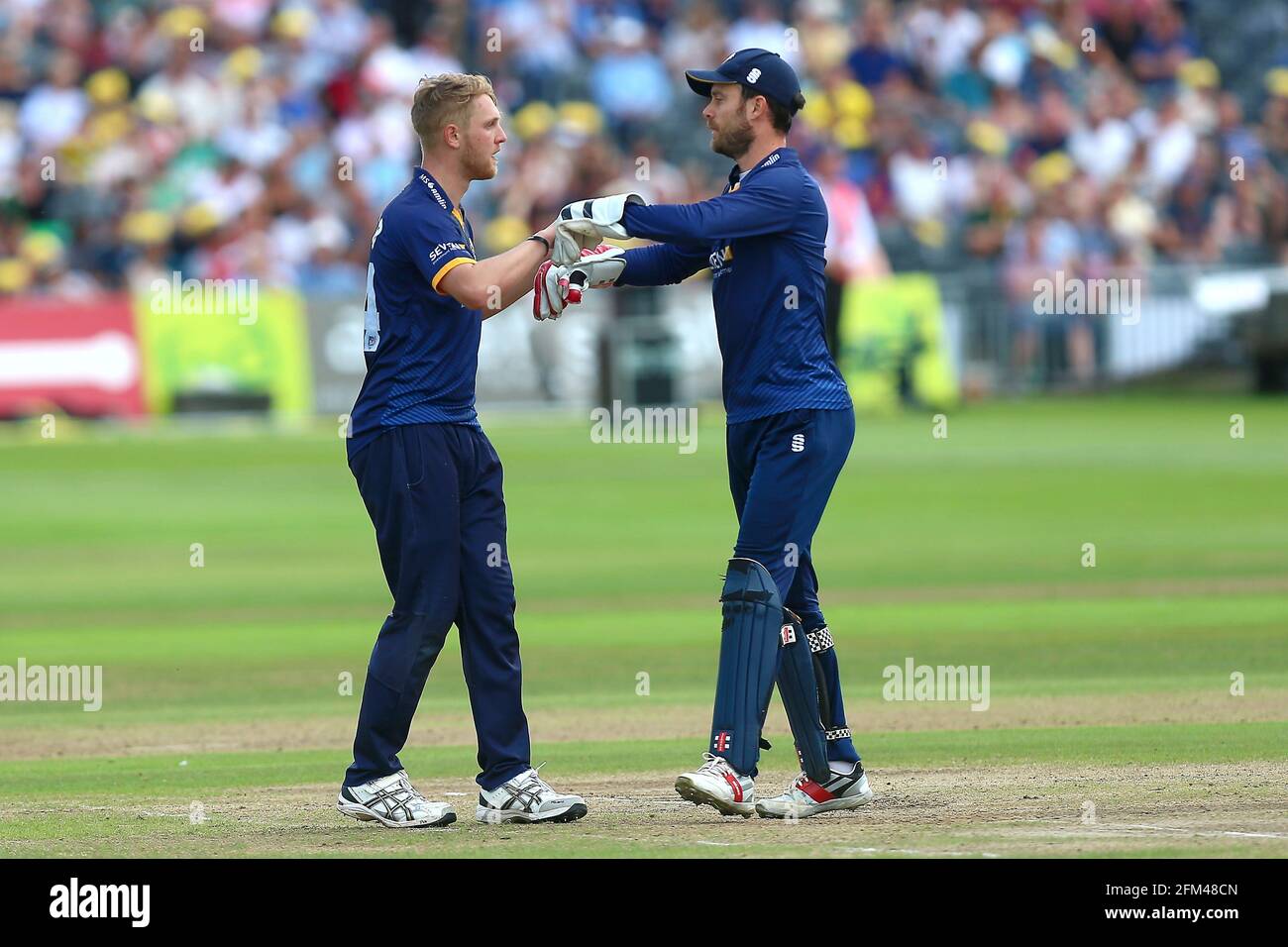 Jamie Porter von Essex wird von seinen Teamkollegen gratuliert, nachdem er das Wicket von Ian Cockbain während Gloucestershire gegen Essex Eagles, NatWest T20 B, genommen hatte Stockfoto