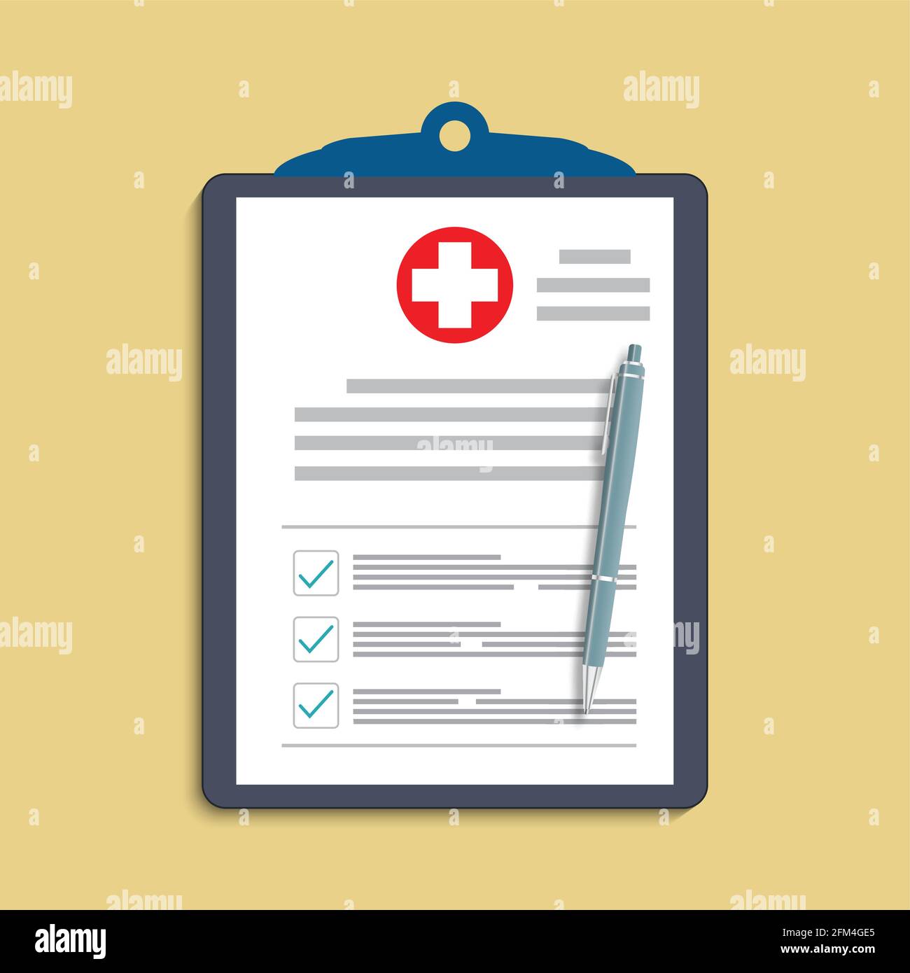 Zwischenablage mit medizinischen Kreuz und Stift. Die klinischen Daten, die Verordnung, die behaupten, medizinische Häkchen Bericht, Krankenversicherung Konzepte. Premium Qualität. Mo Stock Vektor