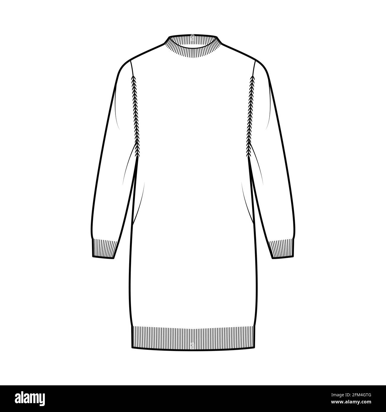 Kleid Fisherman Sweater technische Mode Illustration mit geripptem Rundhalsausschnitt, langen Ärmeln, übergroß, knielang, Strickbesatz. Flatpullover-Bekleidung vorne, in weißer Farbgebung. Frauen Männer Unisex CAD Mockup Stock Vektor