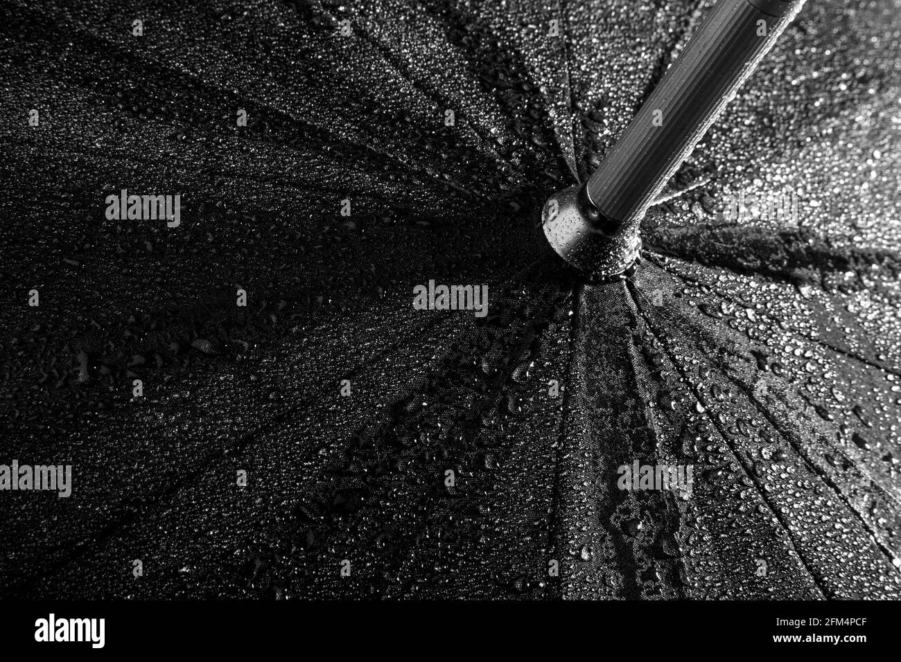 Perlen aus Wasser auf nassem Regenschirm Stockfoto