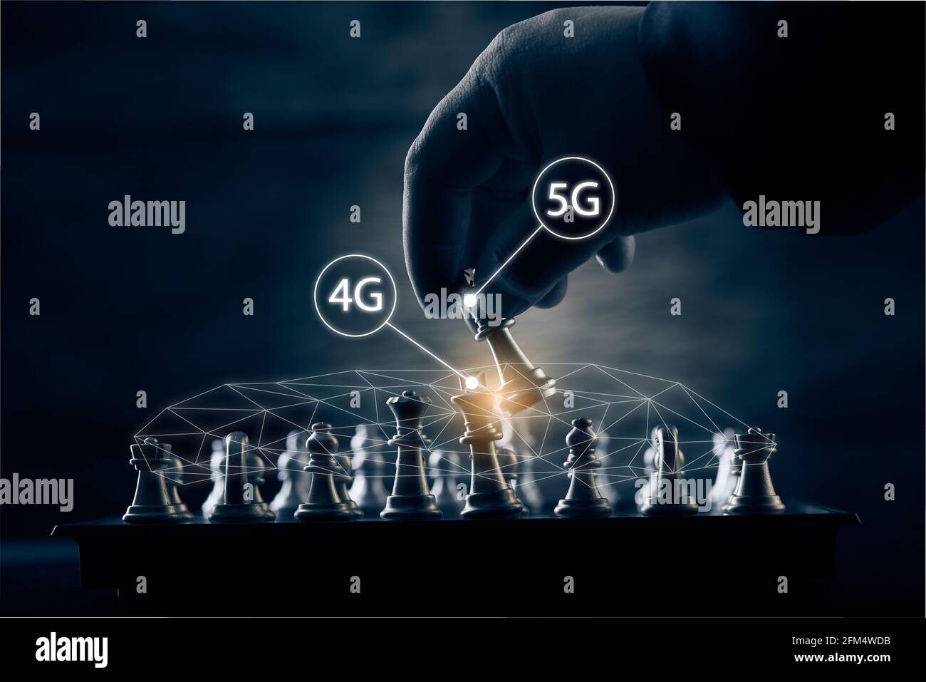 Übertragung von 4g auf 5g Konzeptänderung der Internet-Verbindungstechnik. Schachspiel-Wettkampfkonzept Stockfoto