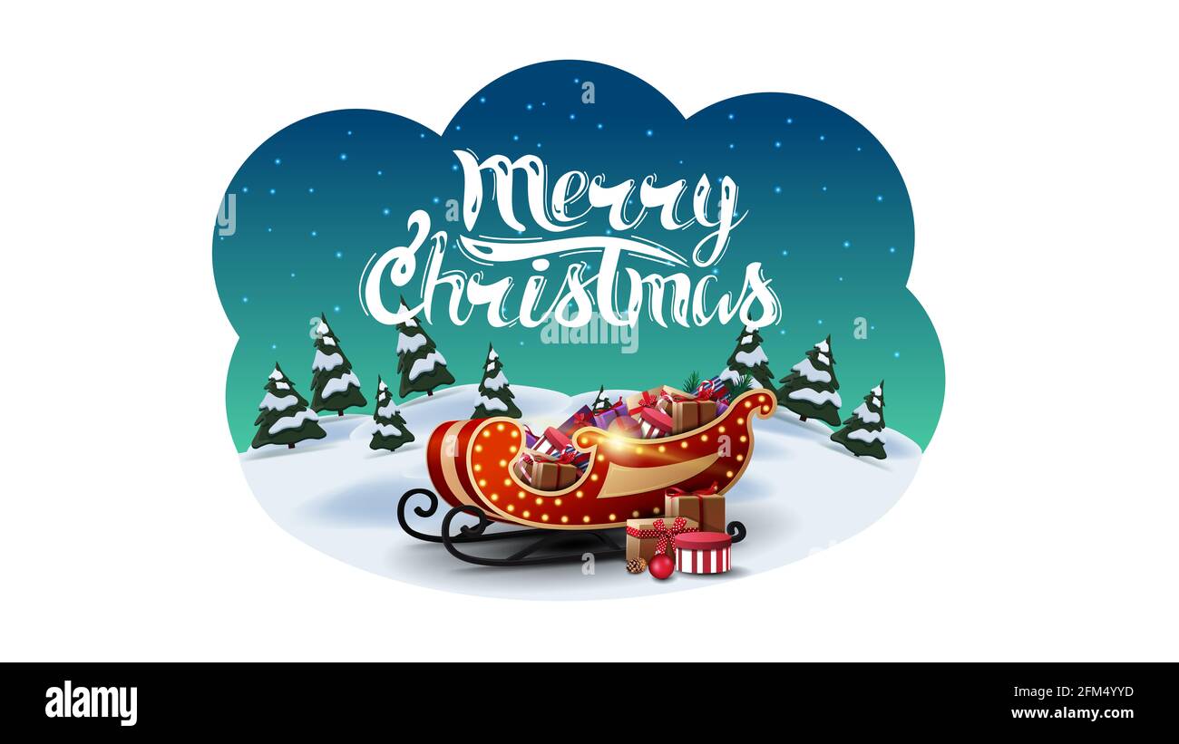 Frohe Weihnachten, Grußkarte in Form von abstrakter Wolke mit Winter-Cartoon-Landschaft und Santa Sleigh mit Geschenken Stockfoto