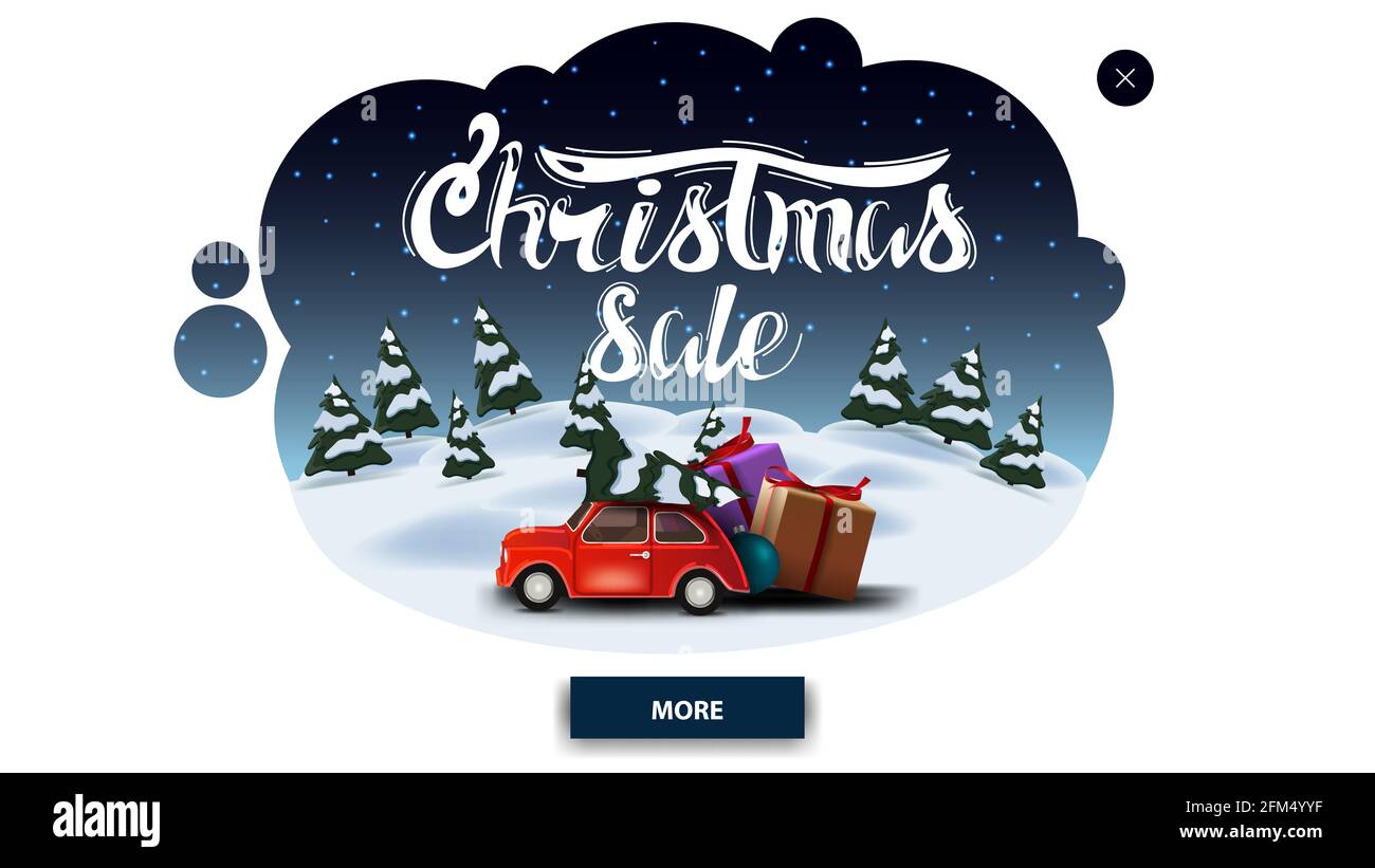 Weihnachtsverkauf, Rabatt-Banner in Form von abstrakten Wolke mit Winter-Cartoon-Landschaft und roten Oldtimer trägt Weihnachtsbaum Stockfoto