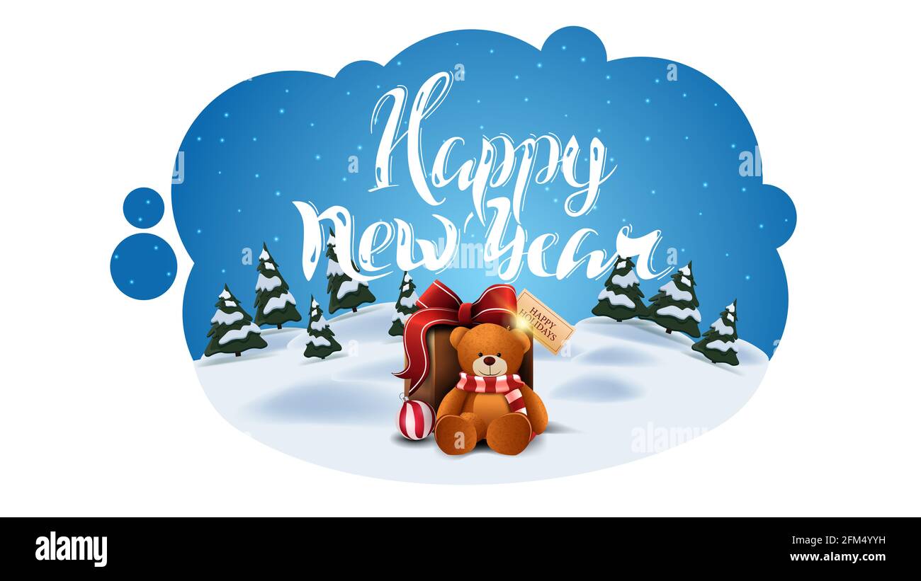 Frohes neues Jahr, Grußkarte in Form von abstrakter Wolke mit Winter-Cartoon-Landschaft und präsent mit Teddybär Stockfoto