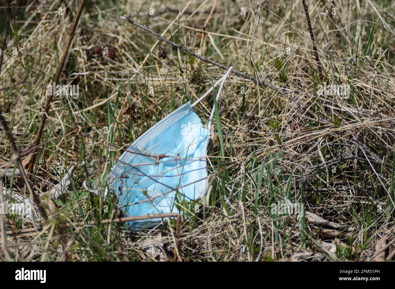Eine gebrauchte medizinische Maske, die auf einem Gehweg ins Gras geworfen wird. Selektiver Fokus. Stockfoto