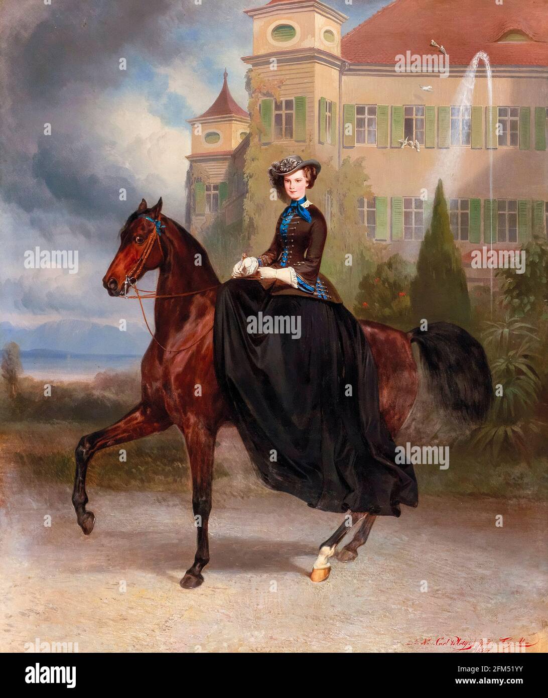 Die junge Herzogin Elisabeth (1837-1898), spätere Kaiserin von Österreich (1854-1866), in Bayern im Alter von 15 Jahren zu Pferd, Reitportrait von Karl von Piloty & Franz Adam, 1853 Stockfoto