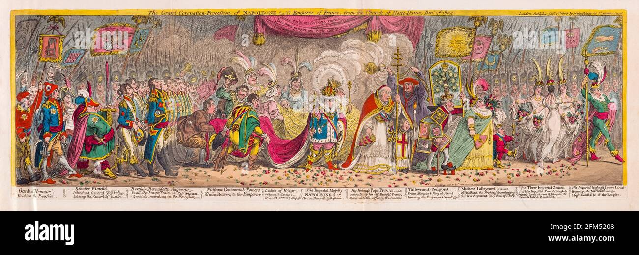 Karikatur: Die große Krönungsprozession von Napoleon Bonaparte (1769-1821), als Kaiser Napoleons I. von Frankreich, aus der Kirche Notre-Dame am 2. Dezember 1804, Druck von James Gillray, 1805 Stockfoto