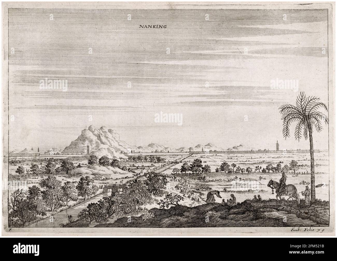 Stadtmauern und Landschaft von Nanking (Nanjing): Aus dem Buch eine Botschaft der Ostindischen Kompanie der Vereinigten Provinzen an den Großtatar Cham, Kaiser von China, von Johannes Nieuhof, Stich von Wenceslaus Hollar, 1669 Stockfoto