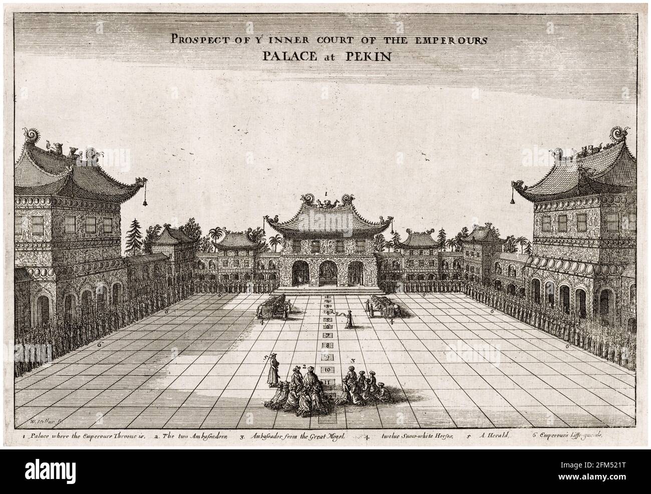 Innenhof des Palastes in Peking: Aus dem Buch eine Botschaft der Ostindischen Kompanie der Vereinigten Provinzen an den Großtatar Cham, Kaiser von China, von Johannes Nieuhof, Stich von Wenzel Hollar, 1669 Stockfoto
