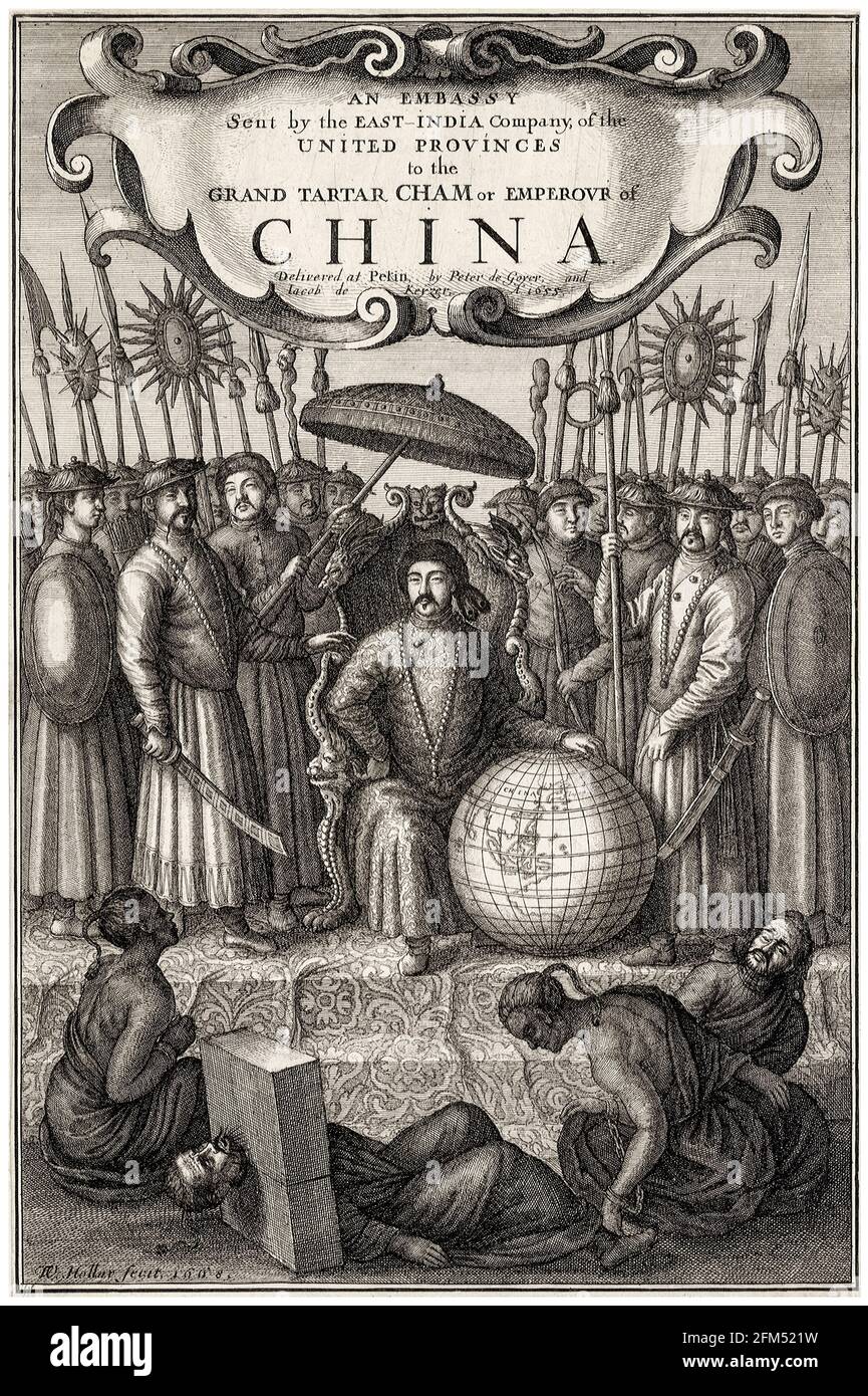 Eine Botschaft der Ostindien-Kompanie der Vereinigten Provinzen an den Großtatar Cham, Kaiser von China: Frontispiz, aus dem Buch von Johannes Nieuhof, Stich von Wenceslaus Hollar, 1655 Stockfoto