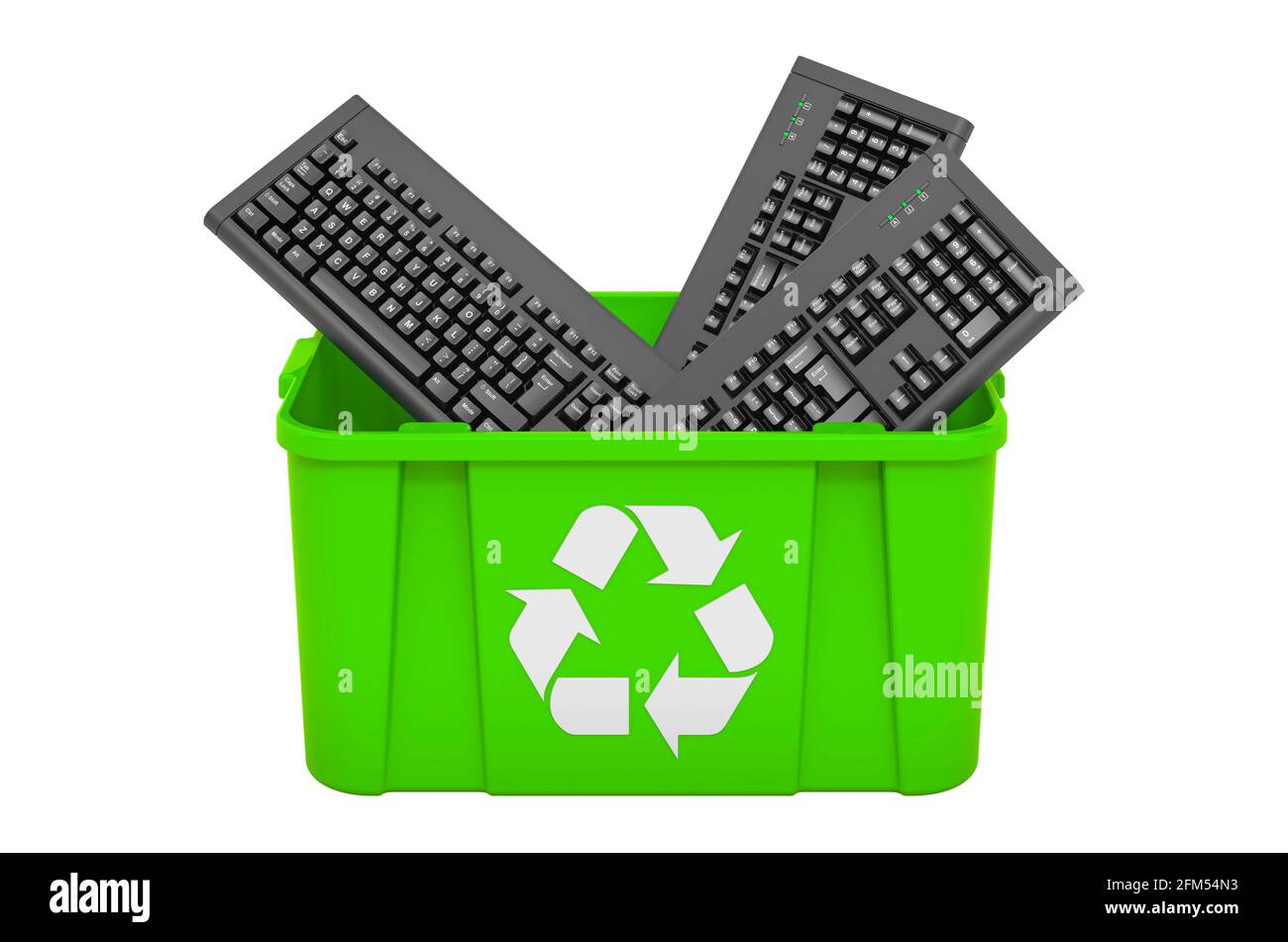 Recycling-Papierkorb mit Computertastaturen. 3D-Rendering auf weißem Hintergrund isoliert Stockfoto