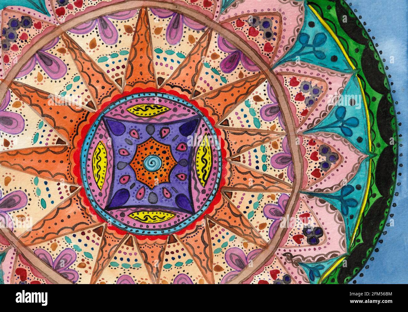 Ethnische Stil Kunst. Handgezeichnetes Aquarell Mandala Ornament Element. Der Hintergrund der Aquarell-Farbe ist Papier Stockfoto