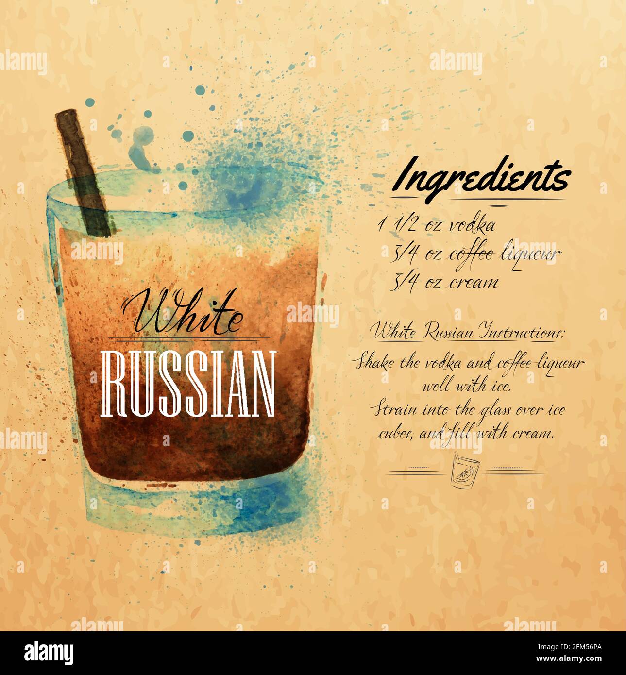 Weiße russische Cocktails gezeichnete Aquarellflecken und Flecken mit einem Spray, einschließlich Rezepten und Zutaten auf dem Hintergrund von Kraft Stock Vektor