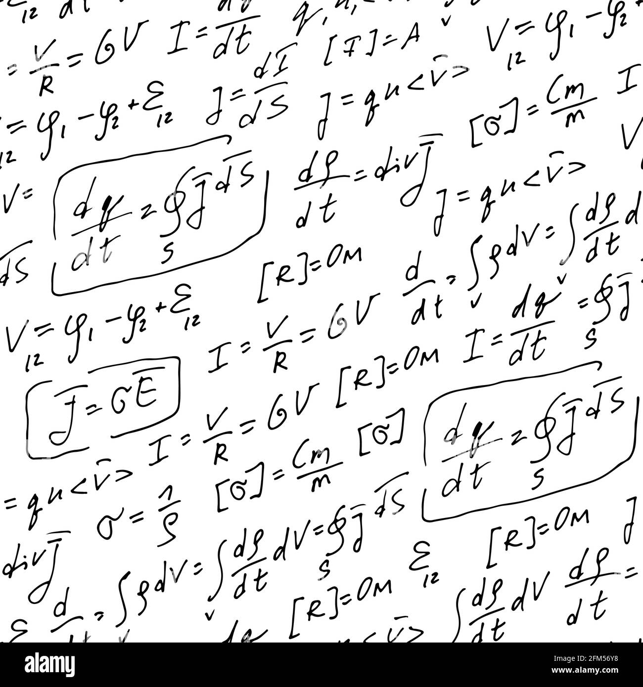 Physik Formeln handgeschriebenes Vektormuster, abstrakter nahtloser Hintergrund, handgezeichnete Gleichungen isoliert auf weißem Hintergrund, wissenschaftlich, Bildung BA Stock Vektor
