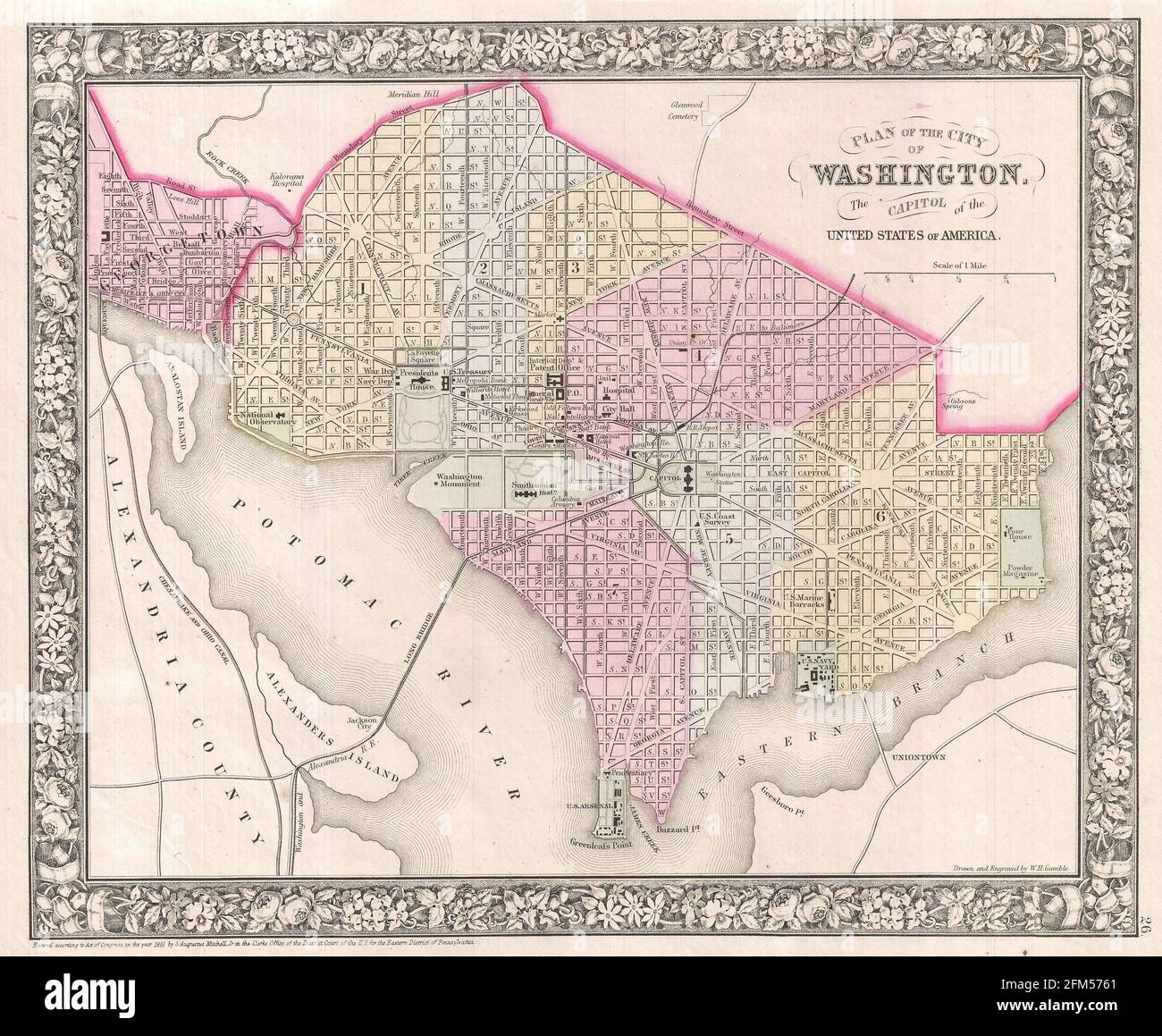 Kupferstich-Landkarte von Washington DC aus dem 19. Jahrhundert. Alle Karten sind wunderschön farbig und illustriert und zeigen die Welt zu dieser Zeit. Stockfoto