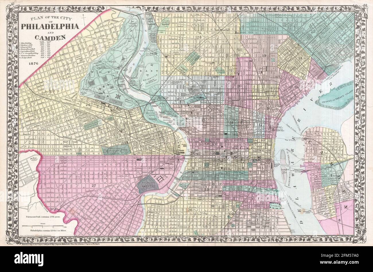 Kupferstich-Landkarte von Philadelphia City aus dem 19. Jahrhundert. Alle Karten sind wunderschön farbig und illustriert und zeigen die Welt zu dieser Zeit. Stockfoto