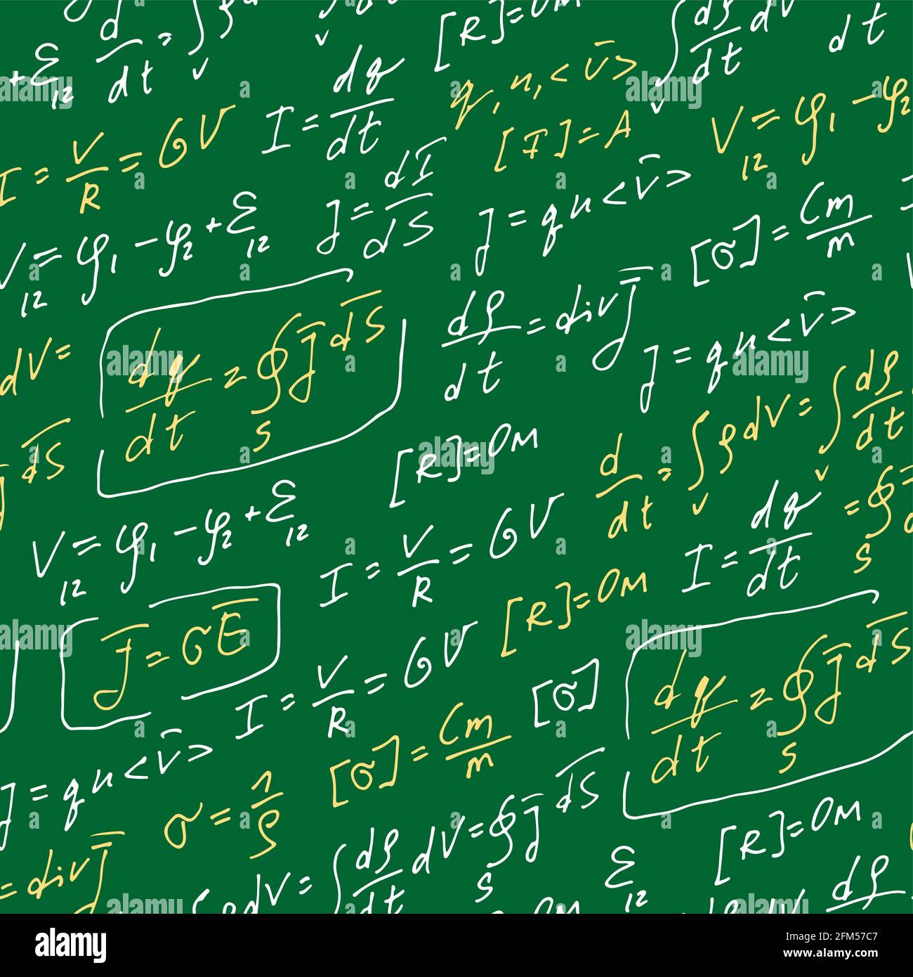 Physik Formeln handgeschriebenes Vektormuster, abstrakter nahtloser Hintergrund, handgezeichnete Gleichungen isoliert auf grünem Brett Hintergrund, wissenschaftlich, educat Stock Vektor