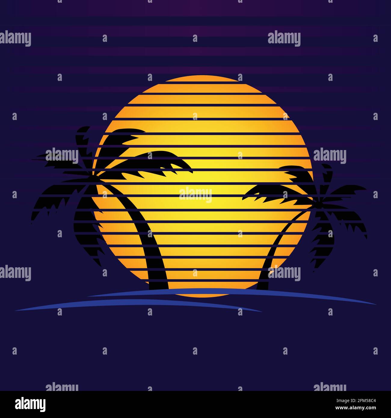 Vektor der Palmenumrissungen auf einem gradienten Sonnenuntergang. Retro-Stil 80er-Logo oder Symbol Illustration Design Stock Vektor