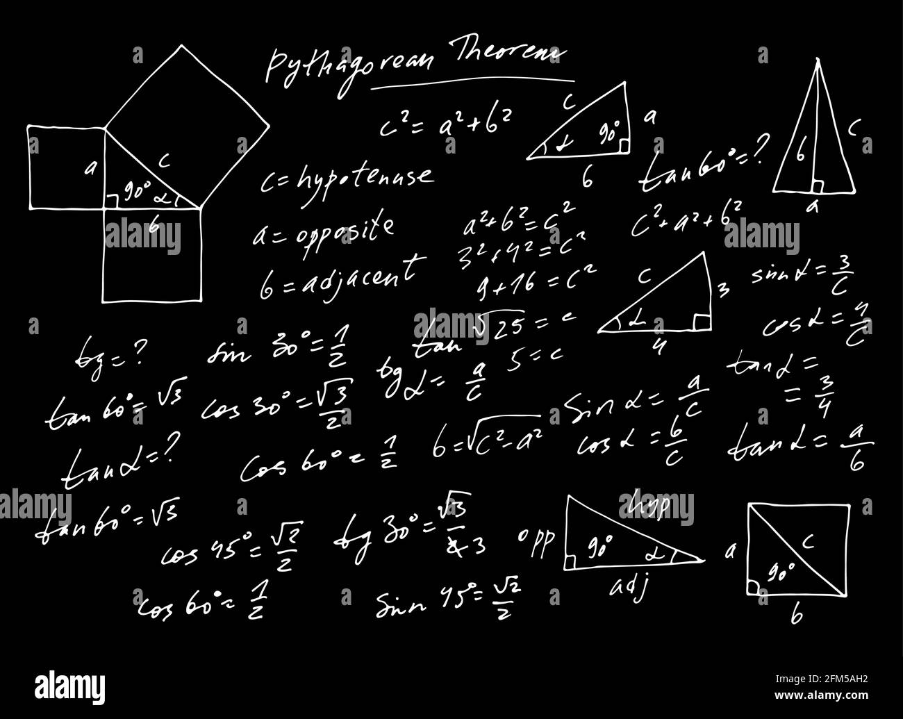 Handgeschriebenes trigonometrisches Vektorset, handgezeichnete monochrome mathematische Formeln isoliert auf schwarzem Hintergrund, mathematisch, wissenschaftlich, geometrisch Stock Vektor
