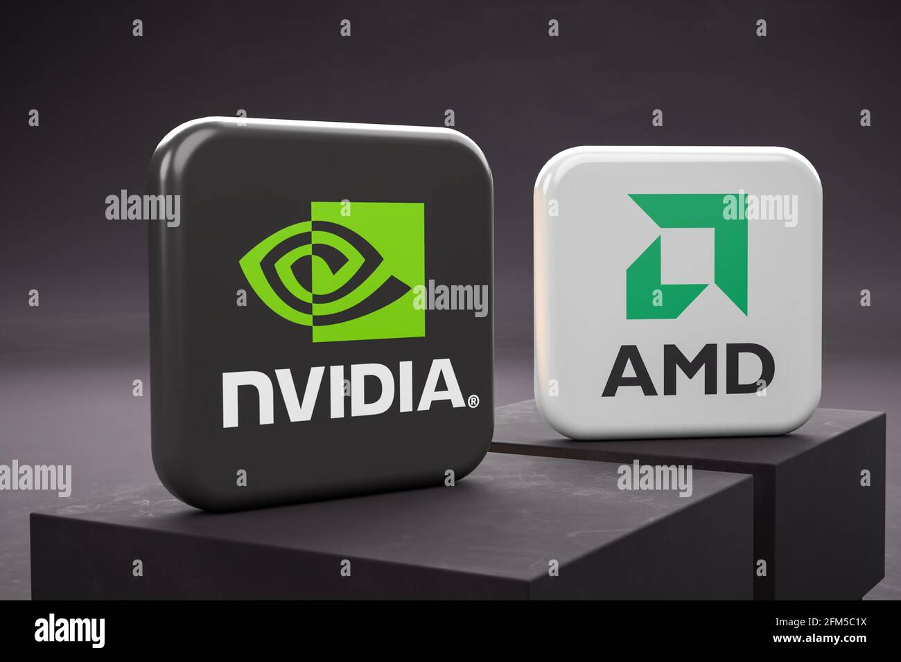 Logos der konkurrierenden Technologieunternehmen, die Grafikkarten-Chips nvidia und AMD auf zwei Sockeln entwerfen. Stockfoto