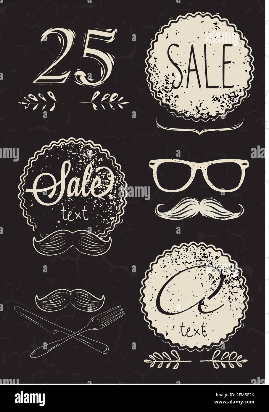 Designelemente für Labels (stilisierte Shabby Frame Bänder, Telefon, Schnurrbart, ein Cello, ein Junge und ein Mädchen, das er und sie sind) Stock Vektor