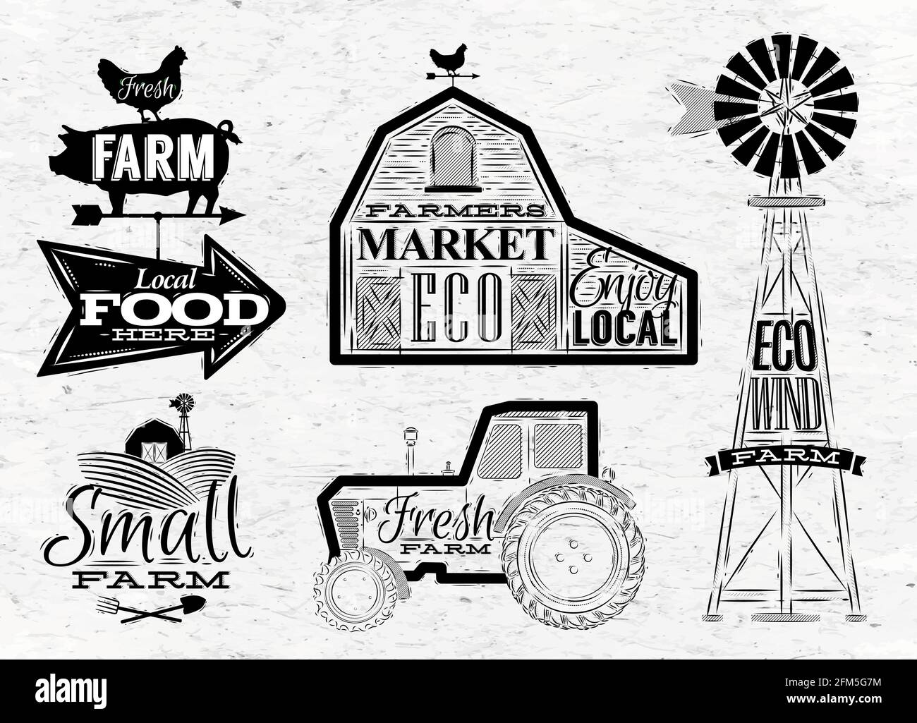 Bauernhof-Zeichen in Vintage-Stil Schriftzug in Traktor-Scheune und Die Mühle und das Schilderfeld stilisierten die Zeichnung Stock Vektor