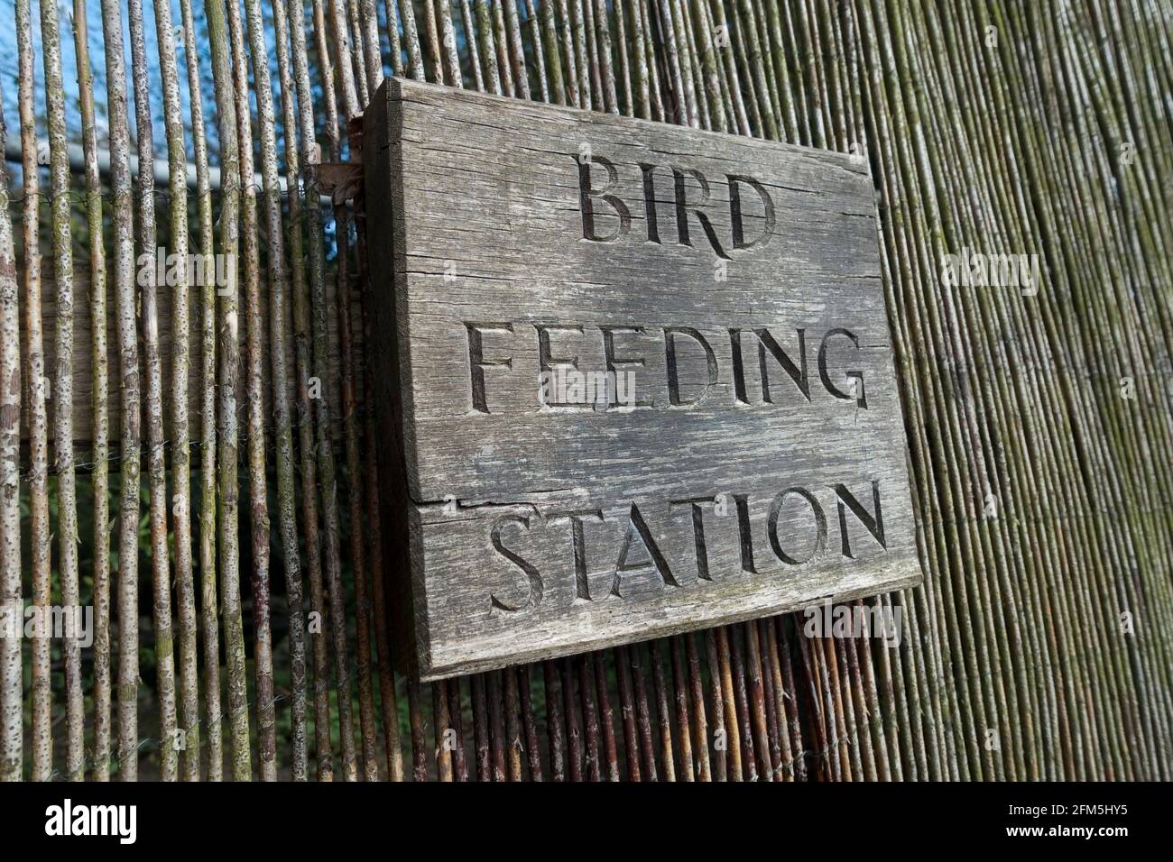 Nahaufnahme der Vogelfütterungsstation geschnitzte Holzschilder England UK GB Großbritannien Stockfoto