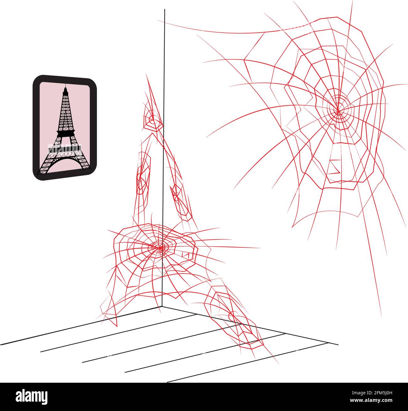 Illustration des Eiffelturms aus isolierten Spinnennetzen In einem verlassenen Zimmer Stock Vektor