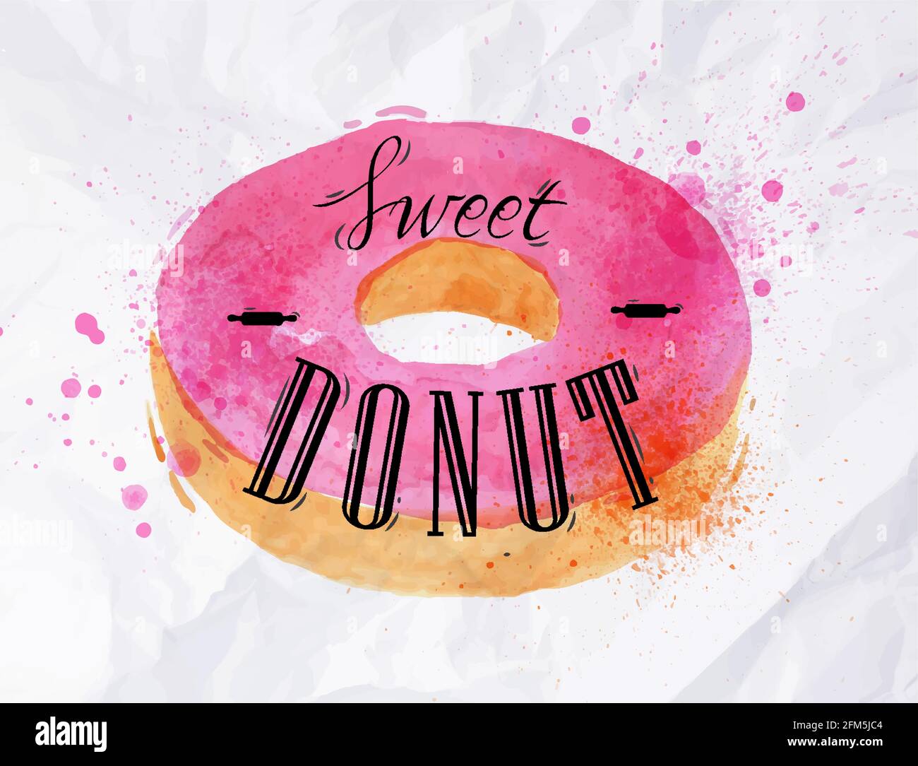 Donut bemaltes Aquarell-Poster mit Schriftzug Sweet Donut in Papier Stock Vektor