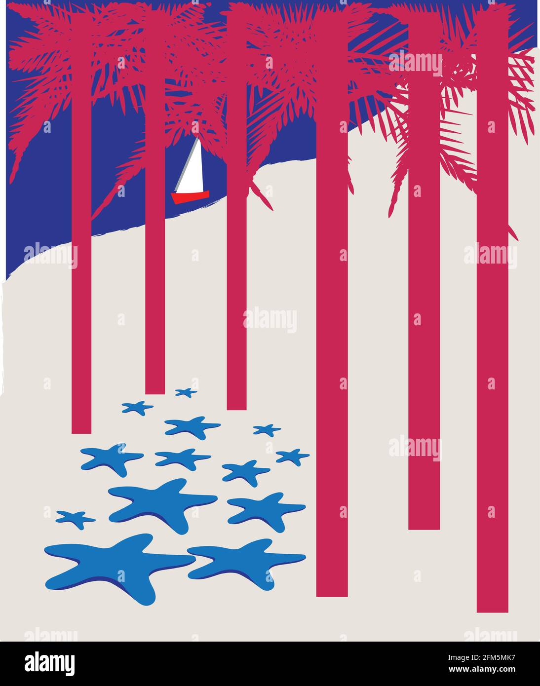 Illustration der amerikanischen Flagge aus Seesternen und roten Palmen, isoliert an einem einsamen Strand Stock Vektor