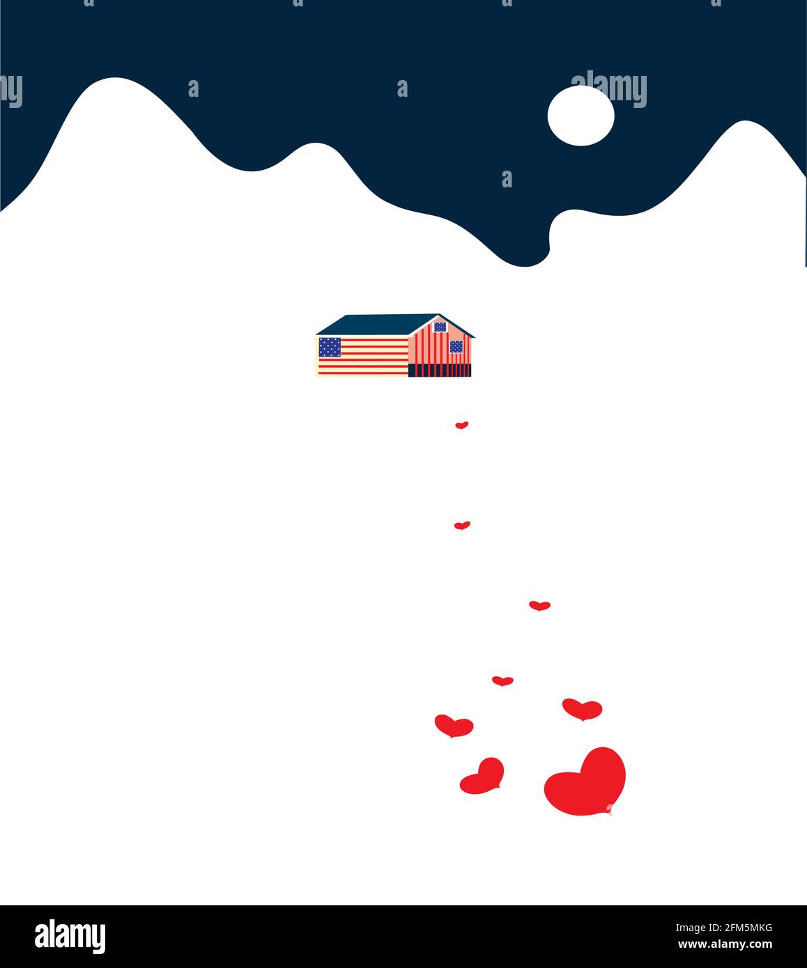 Abbildung eines Hauses mit einem Entwurf des amerikaners Flagge isoliert auf einem Winter verlassen landschaftlich und einem Pfad Der Herzen Stock Vektor