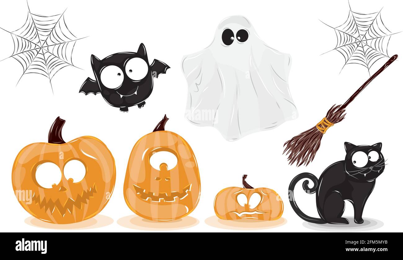 Icons für Halloween mit Kürbissen Geisterbesen Fledermaus Spinnweben und Kat Stock Vektor