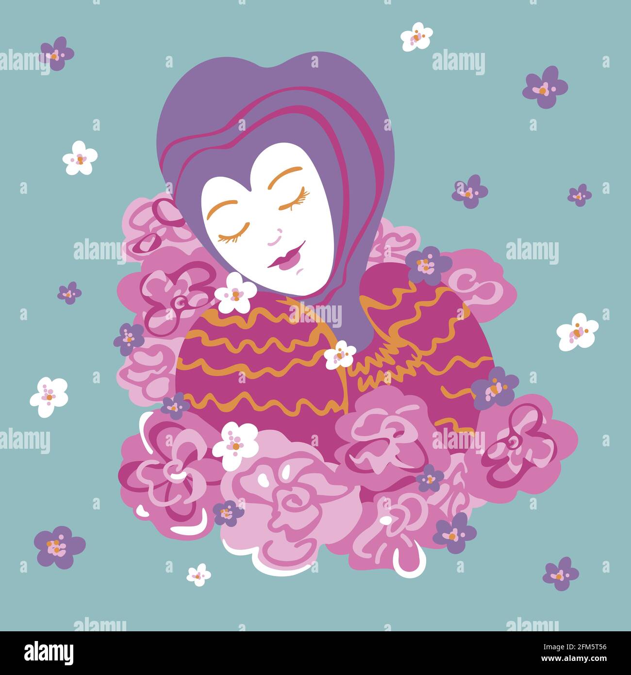 Vektor-Illustration von hübschen Frau in Fantasy-Kleidung. Porträt einer Dame auf blauem Hintergrund mit Blumen. Stock Vektor