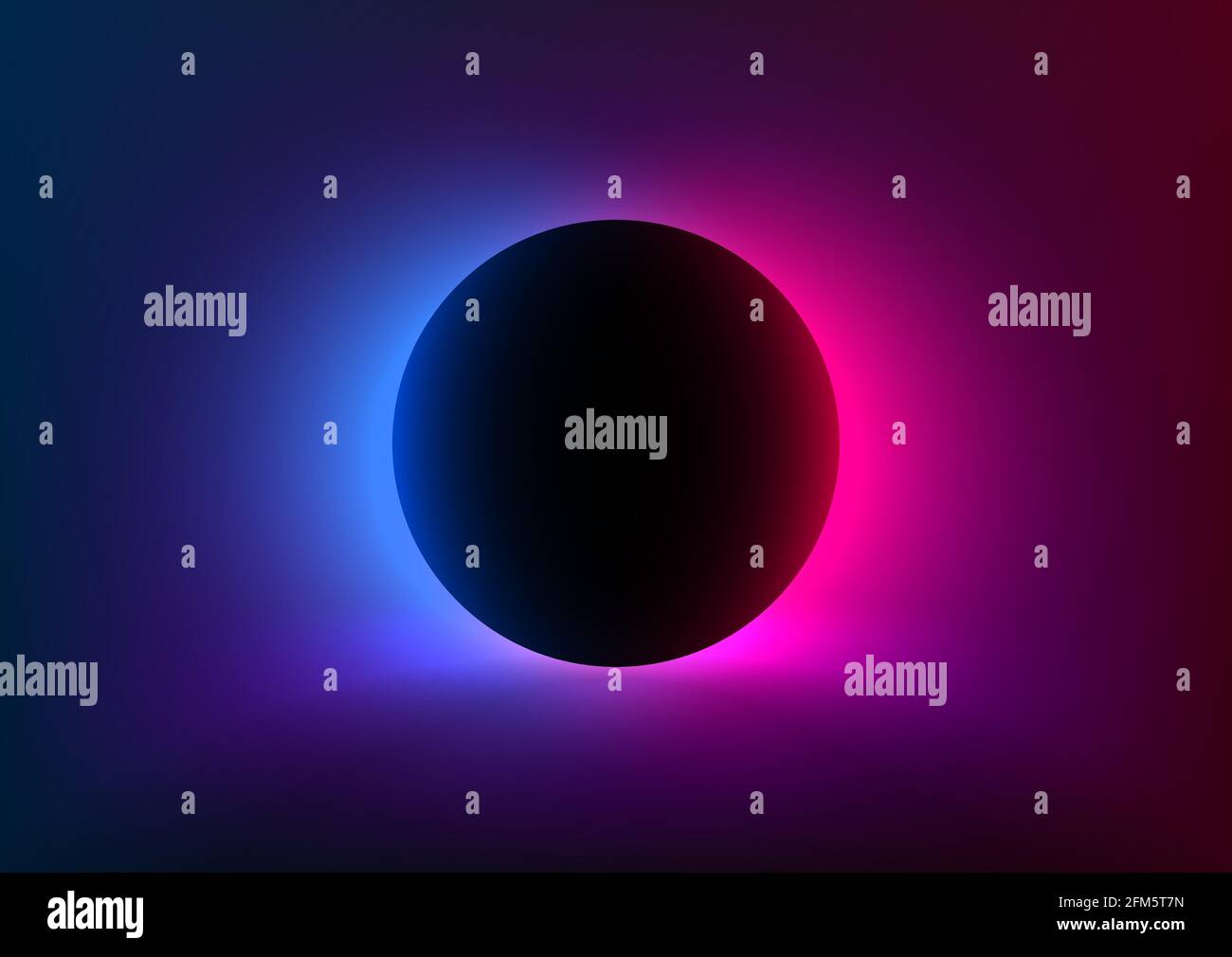 Abstrakter futuristischer Hintergrund mit lebhaftem neonblau-rosa Licht hinter dem schwarzen Kreis. Eclipse-Konzept. Gestaltung von Banner, Poster, Flyer für Stock Vektor