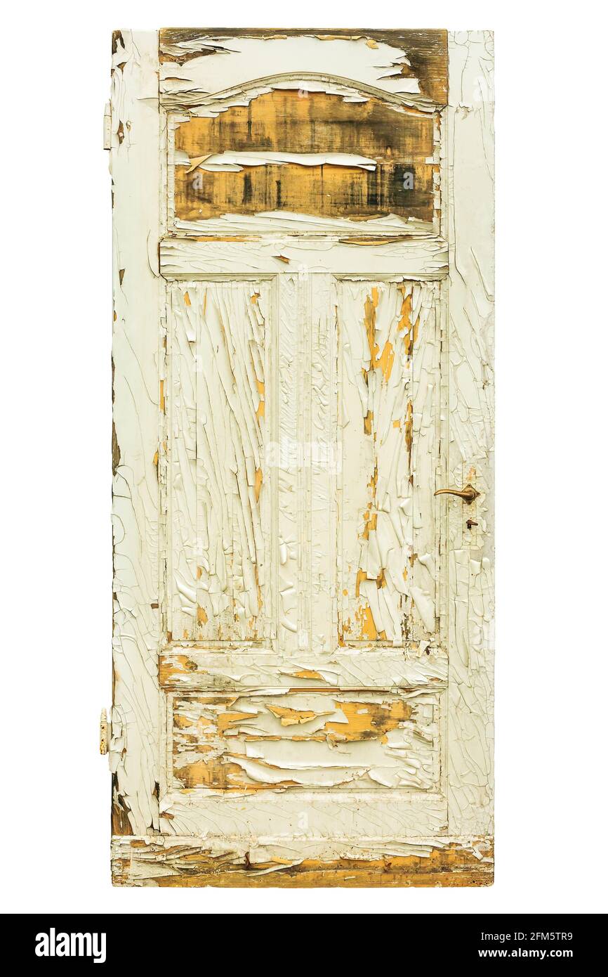 Alte verwitterte Tür mit rissiger weißer Farbe isoliert auf einem Weißer Hintergrund Stockfoto