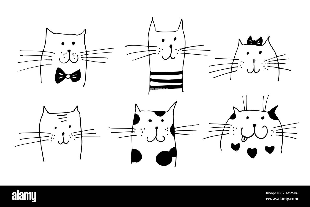 Katze Gesichter Vektor-Illustration, handgezeichnete Katzen Sammlung isoliert auf weißem Hintergrund Stock Vektor