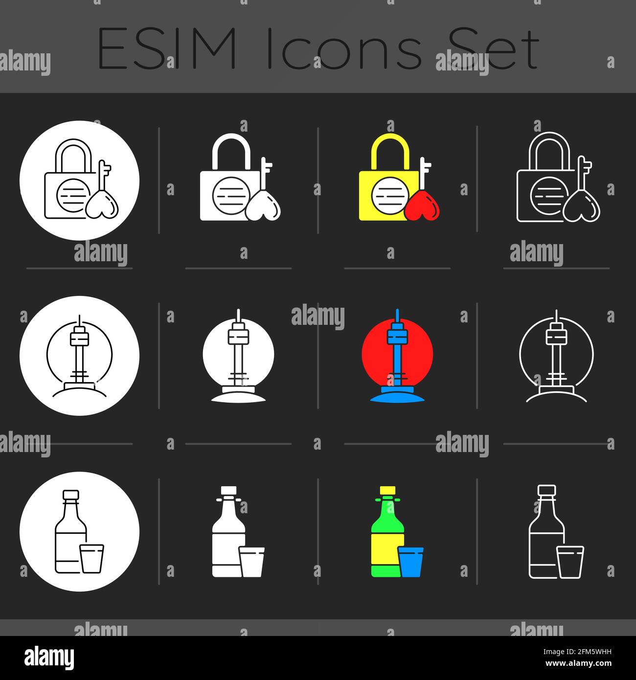 Symbole von Korea dunkel Thema Symbole gesetzt Stock Vektor