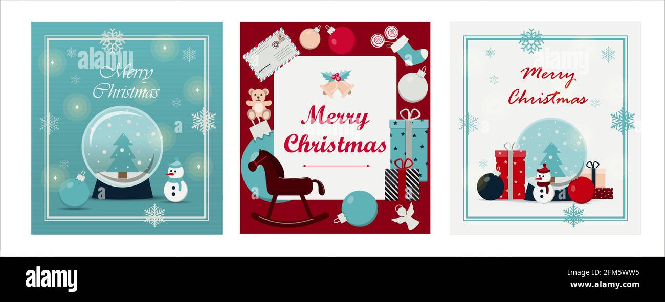 Set von weihnachtskarten. Vektorgrafiken für Frohe Weihnachten. Banner für das neue Jahr. Grußkarten für Urlaubsgrüße, Einladungen oder Wünsche Stock Vektor