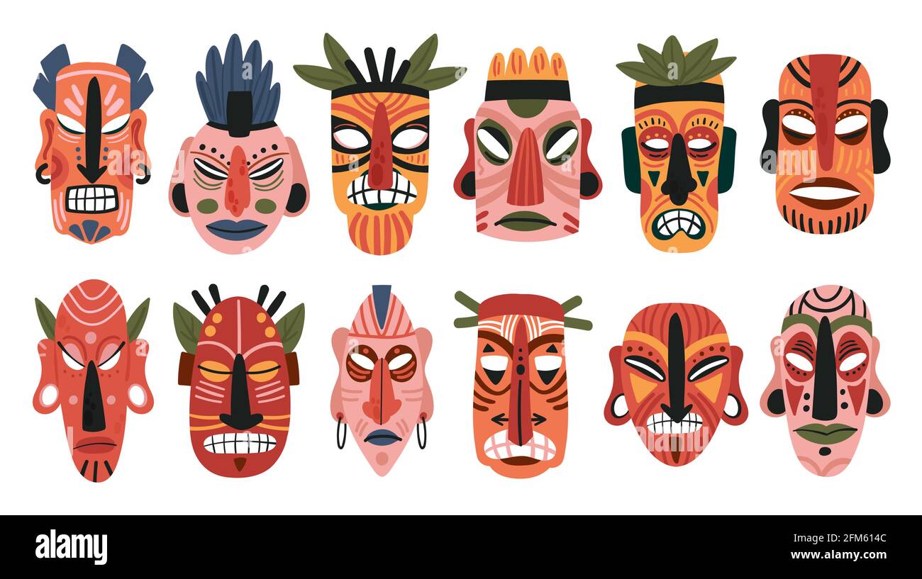 Tribal african hölzerne Totem Maske Vektor Illustration Set. Cartoon Tiki Maske, aborigine Gesicht hölzerne ethnische Kunst Skulptur, rituelle Stamm Symbole, ethno indigene Volkskultur Afrikas isoliert auf weiß Stock Vektor