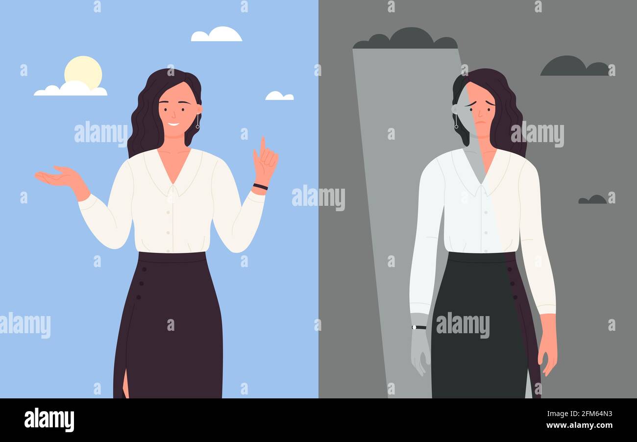 Geschäftsfrau in guter und schlechter Stimmung Vektor-Illustration. Cartoon glücklich modische Geschäftsfrau stehen und winken, traurige Büroangestellte kreuzte die Arme in Stress negativen Emotionen Hintergrund Stock Vektor