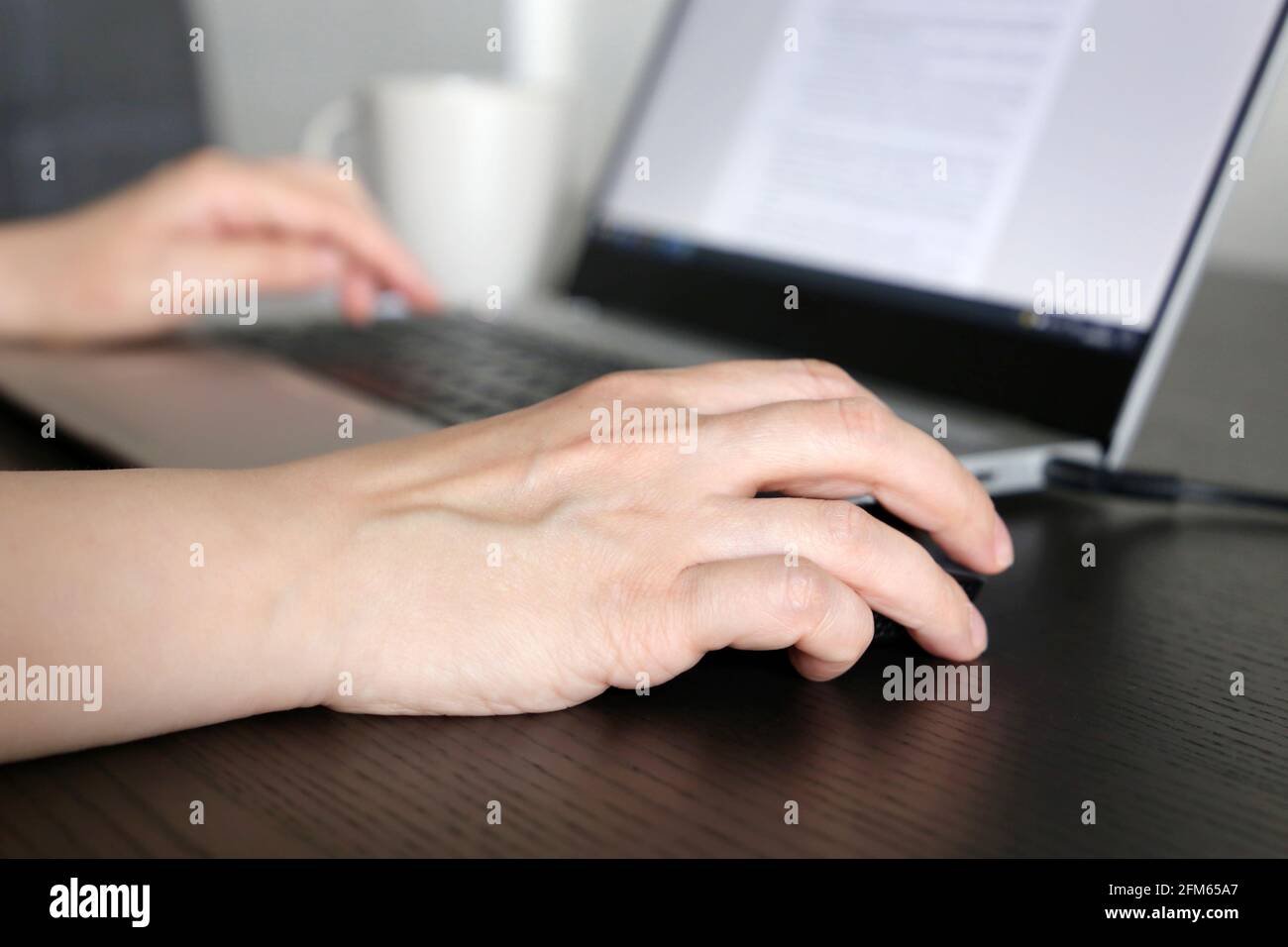 Frau, die mit Docs am Laptop arbeitet, weibliche Hände an Maus und Tastatur. Gemütlicher Arbeitsplatz, Konzept der Büro- oder Heimarbeit Stockfoto