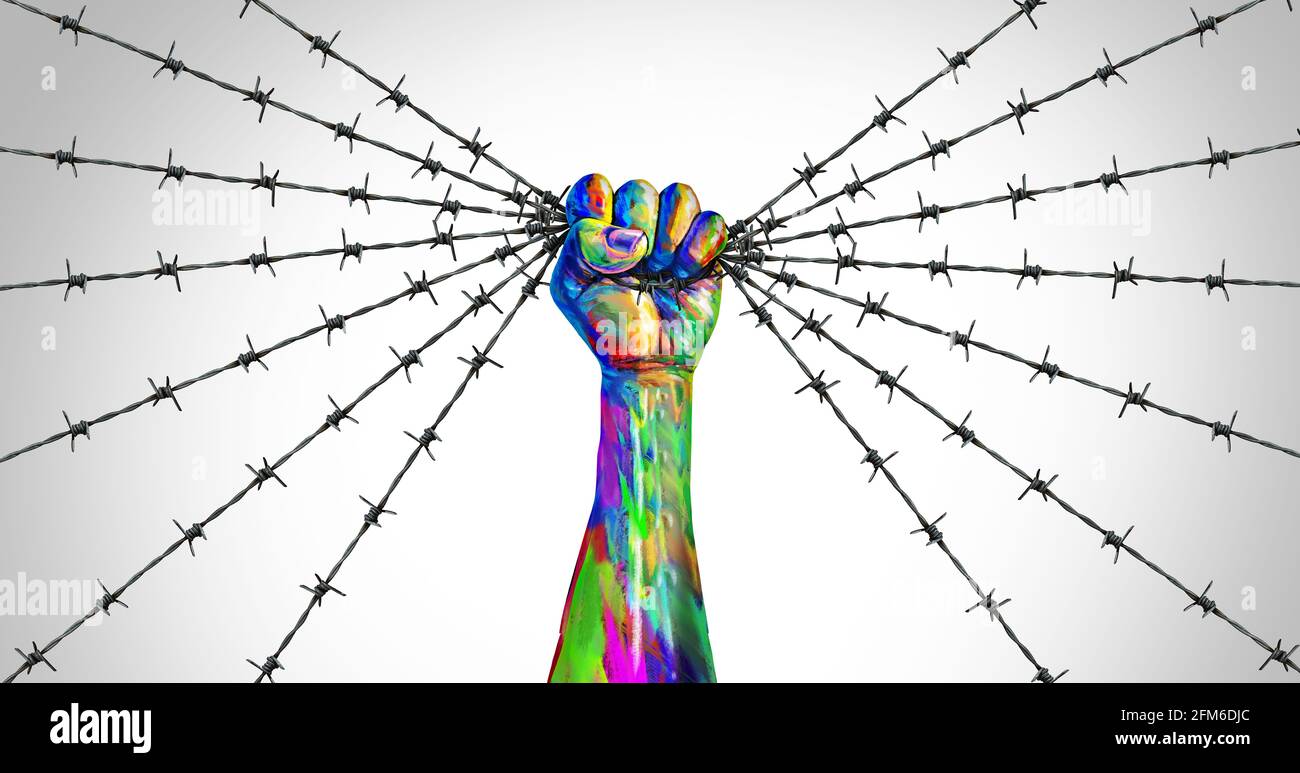Soziale Gerechtigkeit Freiheit und friedlicher Protest oder protestierende Einheit als Faust der Vielfalt als gewaltfreies Widerstandssymbol von Hoffnung und Freiheit. Stockfoto